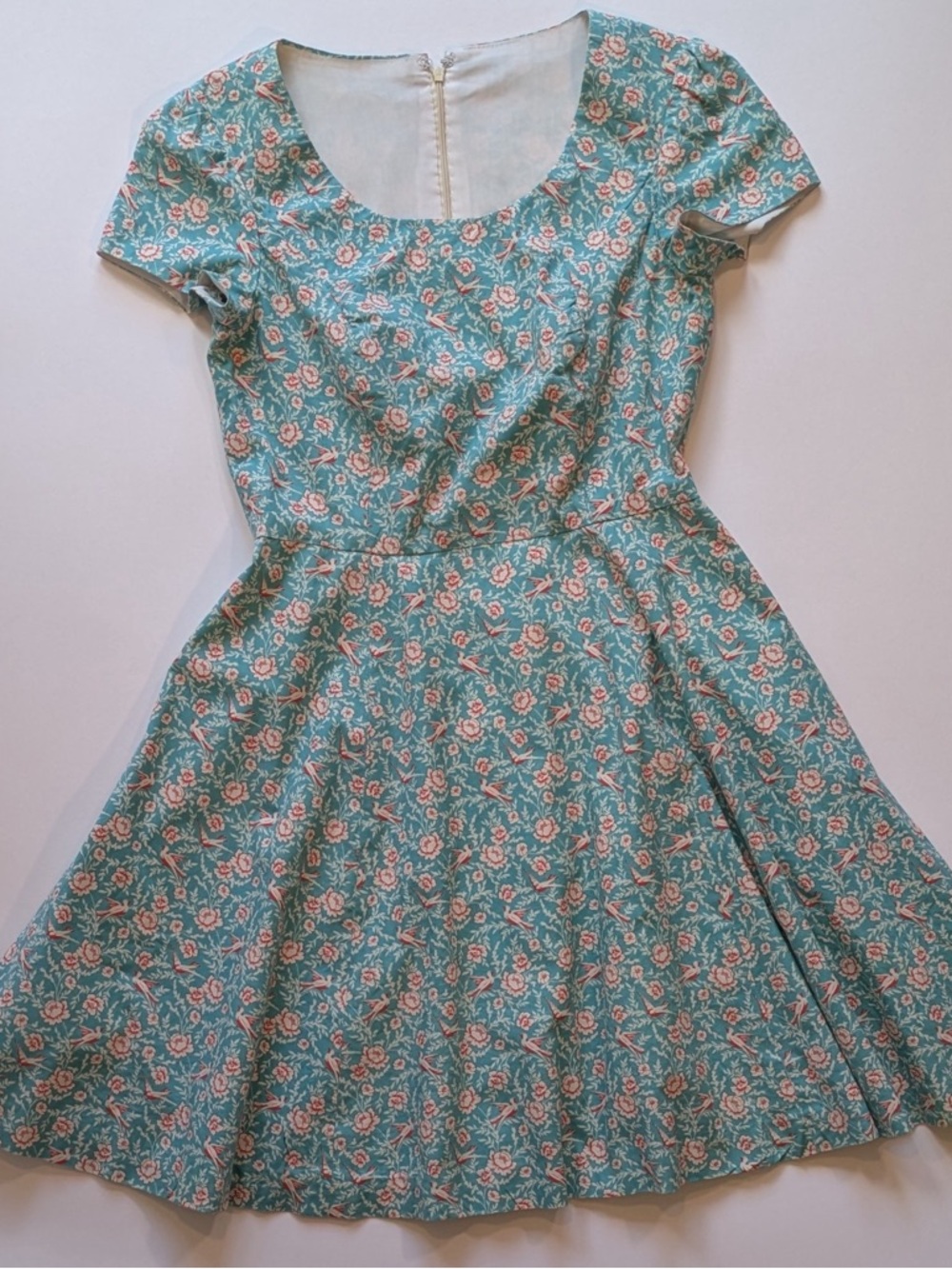 Handmade Cotton Fit & Flare Dress Womens  M, Blue Red and Cream, Birds & Floral